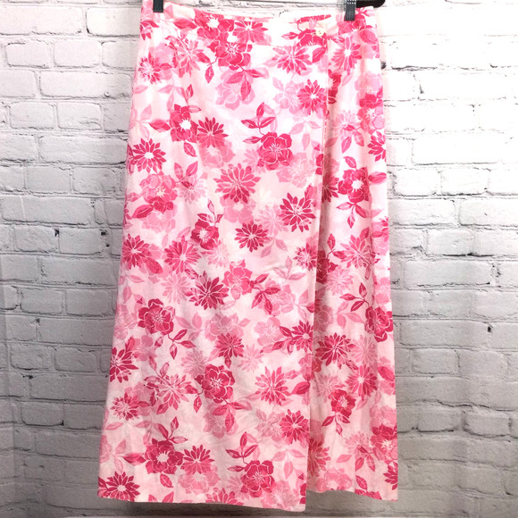 VTG Talbots Women's Barbie Pink Floral Wrap Lined Cotton Maxi Skirt Size 8 - Picture 16 of 16